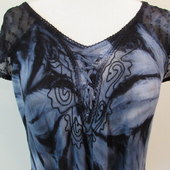 Pacific Batik Collection Tunic Top Free Size Blue Black Tie Dye Embroidered - Picture 3 of 15